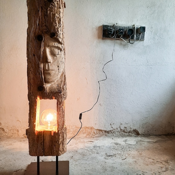 Floor Sculpture Hand Carved Elongated Face Wabi Sabi Wood