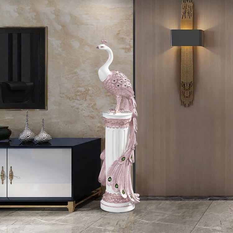 Floor Sculpture Peacock White Pink Tail Feathers Chic Accent