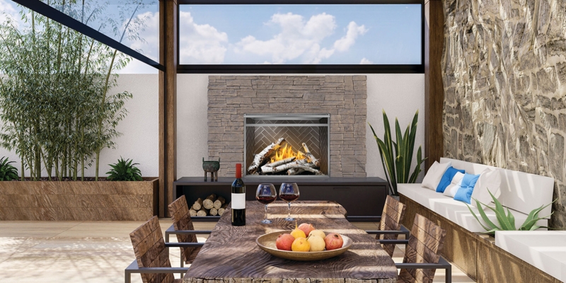 Floor-to-Ceiling Stone Outdoor Fireplace in Rustic Modern Patio