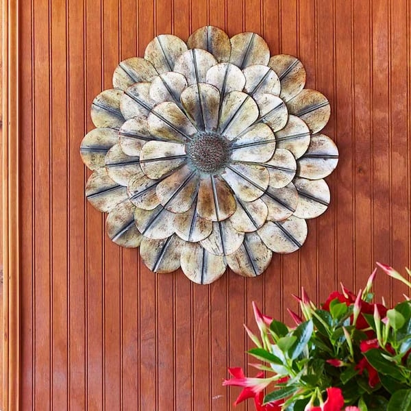 Floral Wall Sculpture Verdigris Center Distressed Copper Rustic Metal