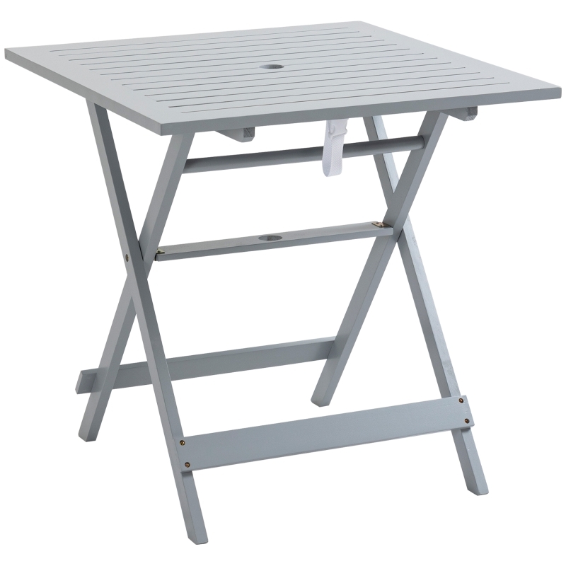 Folding Bistro Table Grey Wood Toned Slatted Top Coastal Patio Umbrella Hole