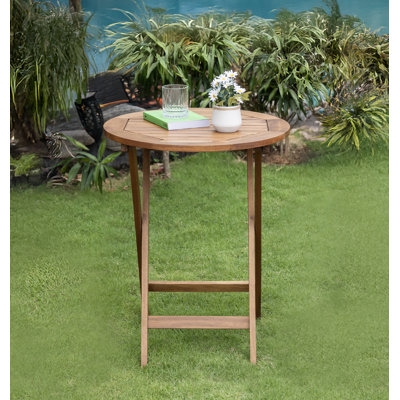 Folding Patio Table Round Slatted Wood Top X Frame Legs