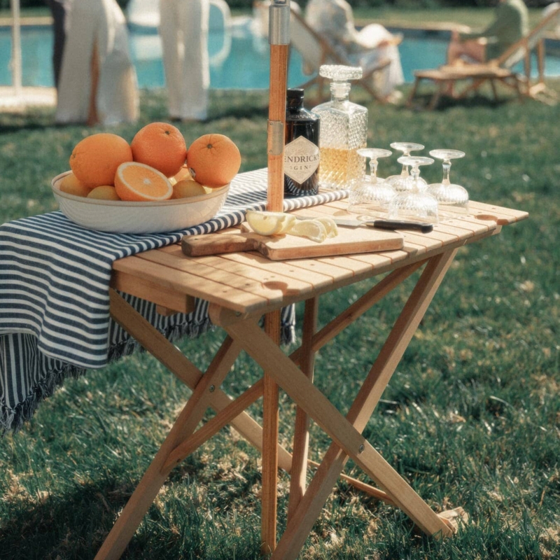 Folding Side Table Tall Silhouette Wood Slatted Top X-Frame Base Coastal Accent