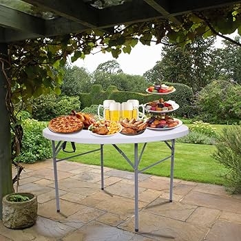 Folding Table Round White Plastic Fold-In-Half Handle
