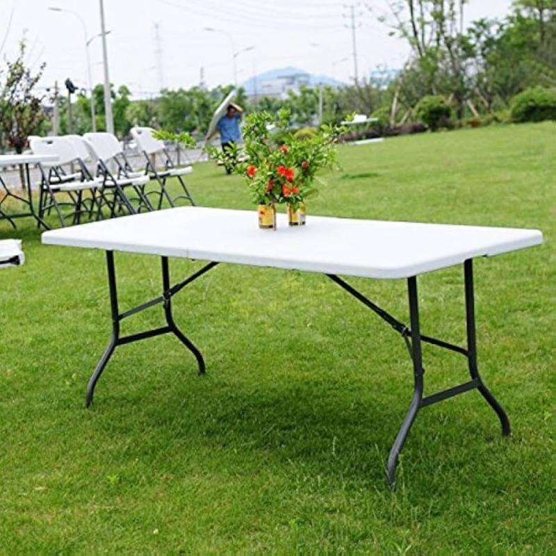 Folding Table White Rectangular Center Fold Carrying Handle Utility