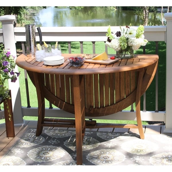 Folding Table Wood Slatted Round Top Umbrella Hole