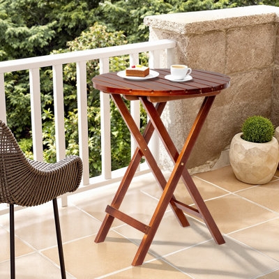 Folding Wood Patio Side Table, Round Slatted Top with X-Frame Base