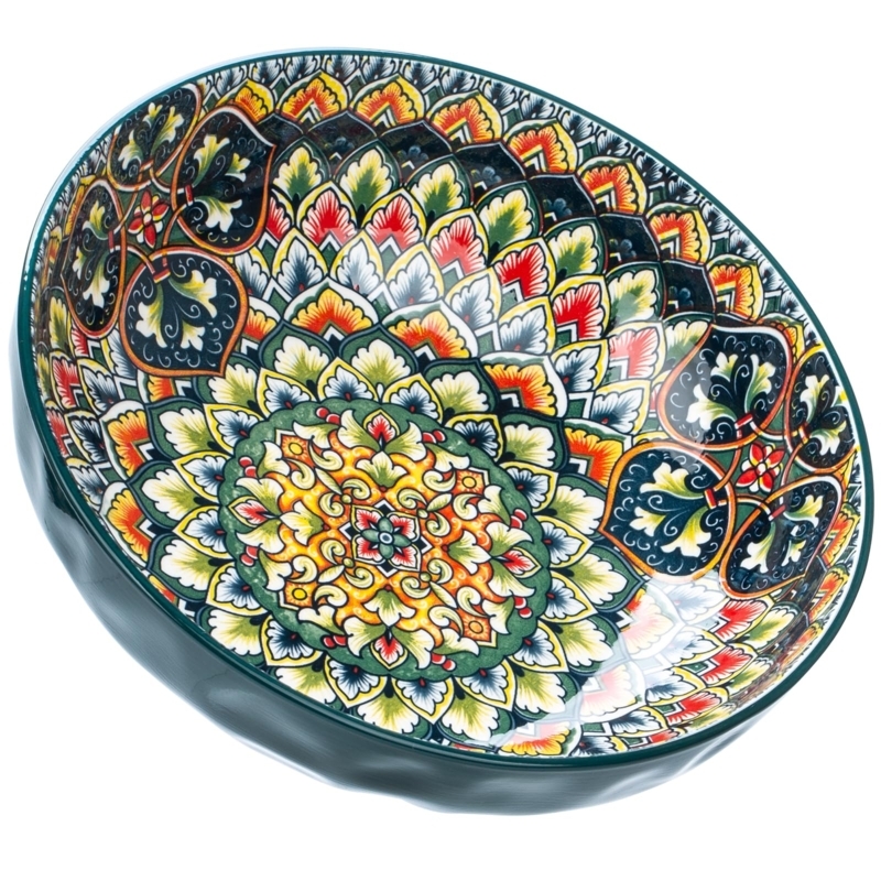 Forest Green Porcelain Serving Bowl, Mandala Interior, Artisan Decor