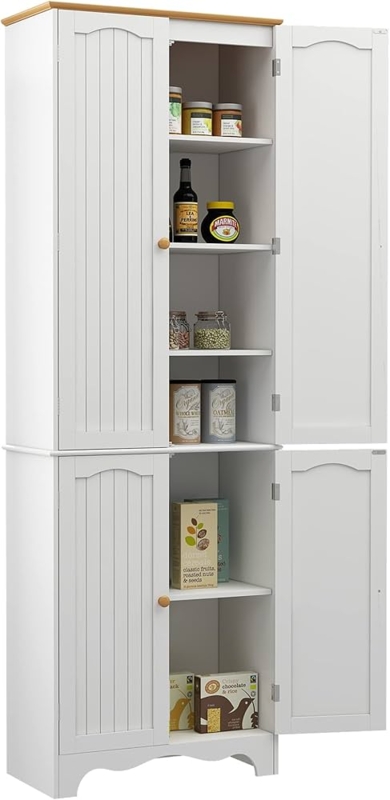 Four Door Pantry Cabinet with Recessed Panels and Matte Black Knobs.