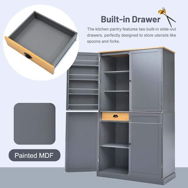 Freestanding Gray Pantry Cabinet with Four Recessed Panel Doors