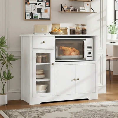 Freestanding Kitchen Pantry with Microwave Cubby and Silver Handles
