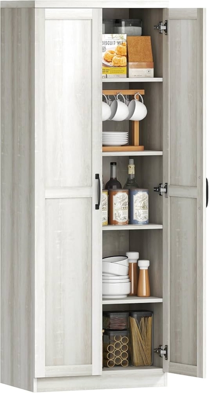 Freestanding Kitchen Pantry with Two Recessed Panel Doors and Crown Molding