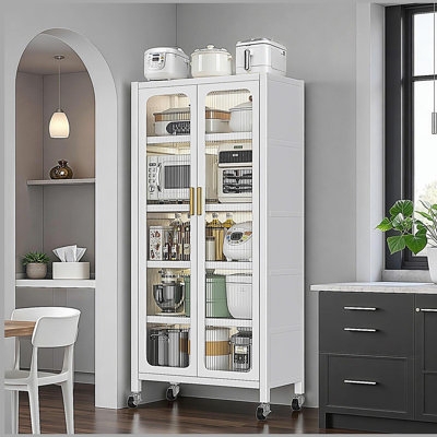 Freestanding Pantry Cabinet on Locking Casters with Fluted Glass Doors