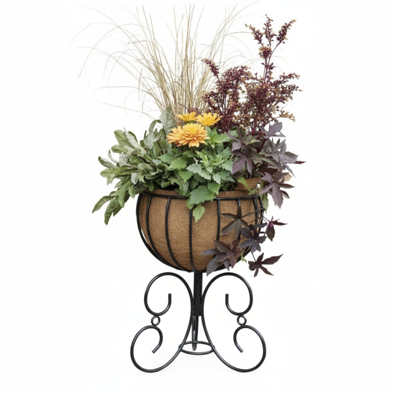 Freestanding Planter with Coco Liner and Black Wire Urn Frame