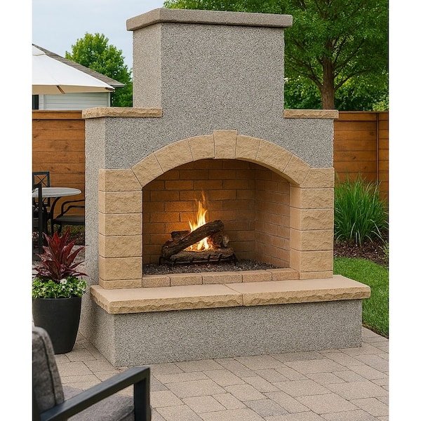 Freestanding Stucco Outdoor Fireplace with Tiled Mantle