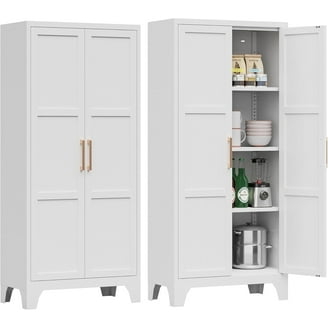 Freestanding White Pantry Cabinet with Crown Molding Detail