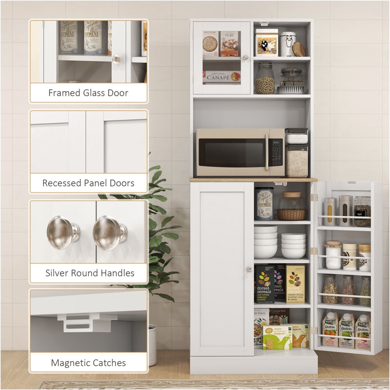Freestanding White Pantry with Microwave Stand & Shaker Doors