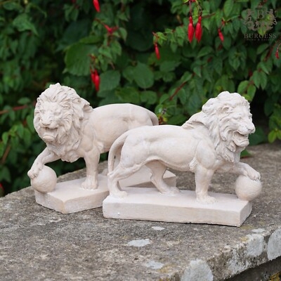 French Antique Lion Statue Pair with Shield Detail on Plinth