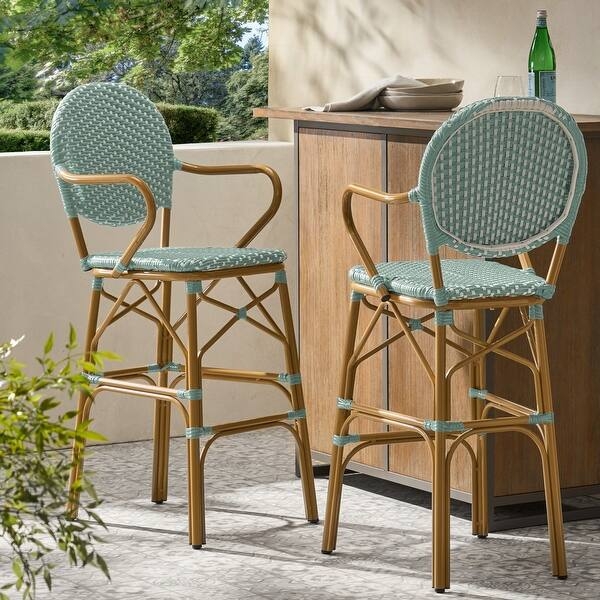 French Bistro Barstool Bamboo Print Navy Woven Outdoor Seating