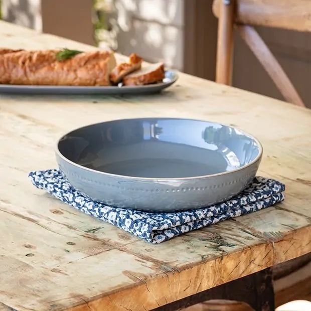 French Blue Farmhouse Serving Bowl Ceramic with Braided Rim
