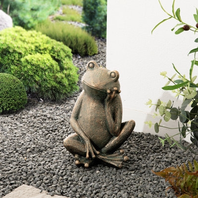 Frog Statue Bronze Sitting Pose Stylized Playful Garden Decor