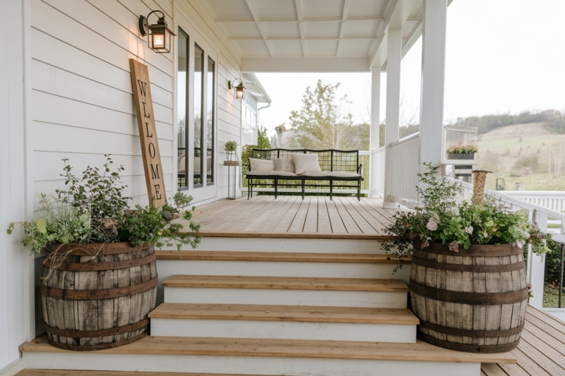 Front Porch Rocking Chair Arrangement with Rustic Barrel Planters