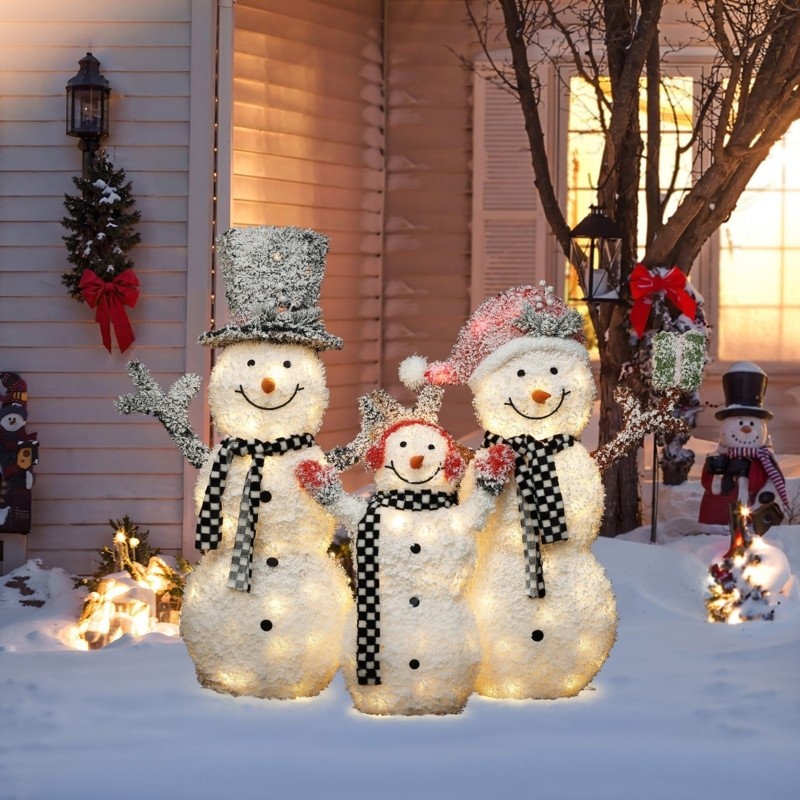 Frosted Tinsel Snowman Set of 3, Branch Arms Holiday Display