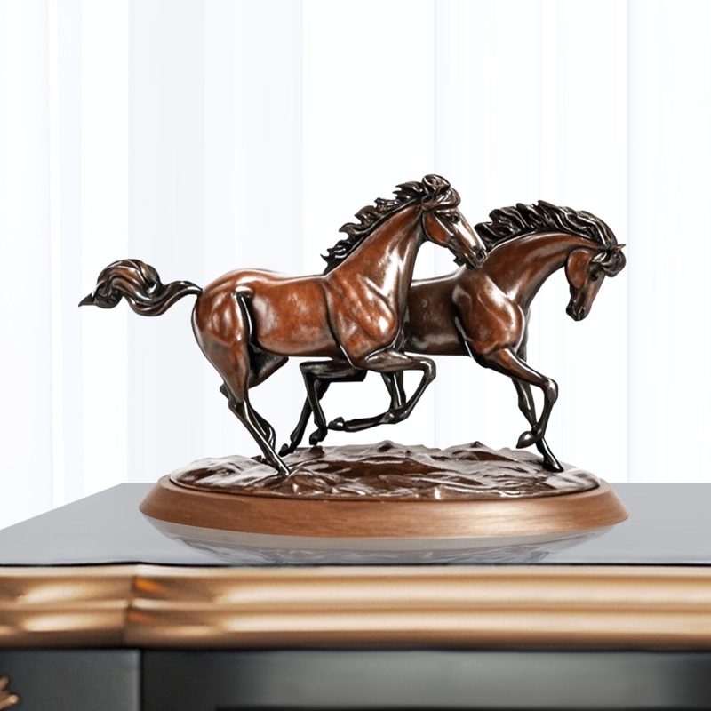 Galloping Double Horse Sculpture with Patinated Bronze Finish and Dynamic Action