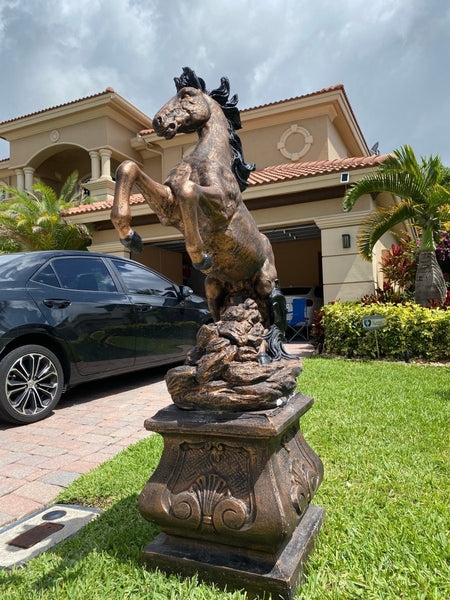 Galloping Horse Statue on Tiered Stone Pedestal for Traditional Decor