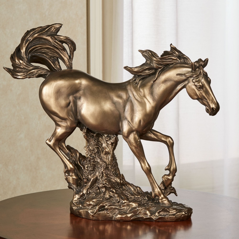 Galloping Horse Table Sculpture with Wave-Like Formation and Bronze Patina