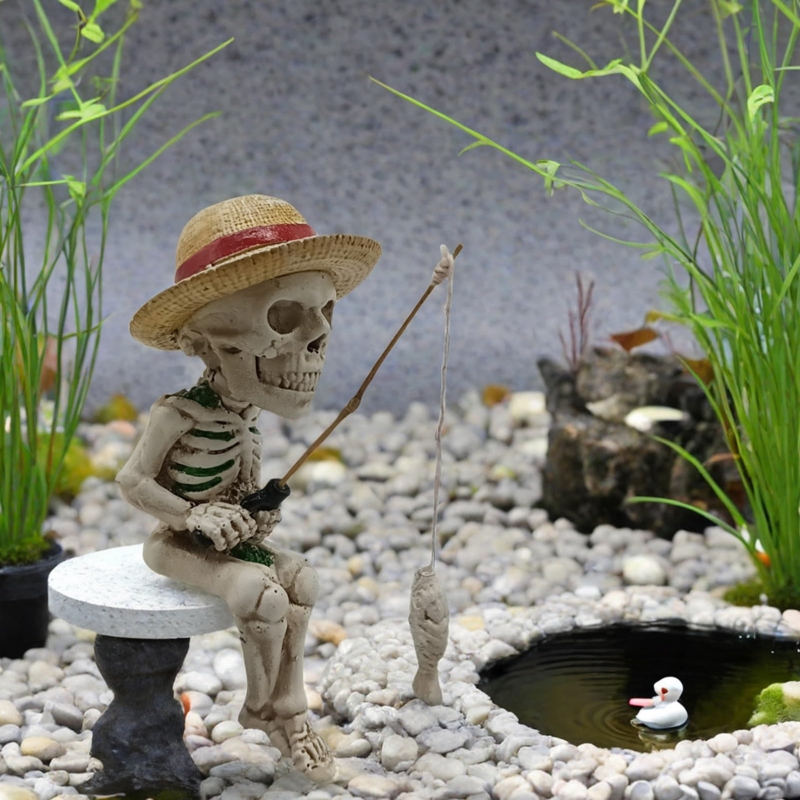 Garden Figurine Fishing Cat, Miniature Scale, Faux Stone Base, Whimsical