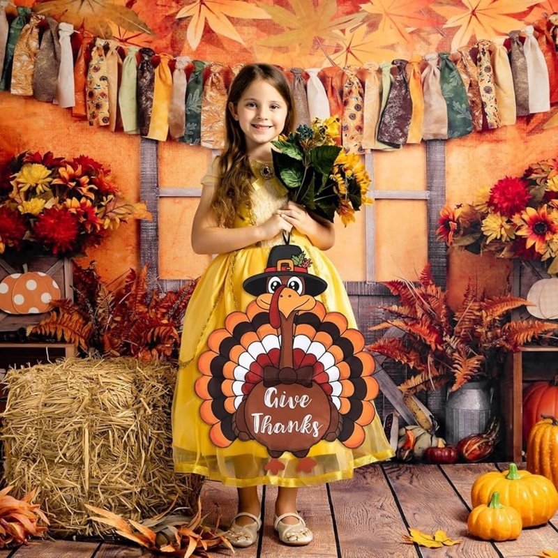Garden Flag Pilgrim Turkey Illustration Burlap-Like Thanksgiving Flag