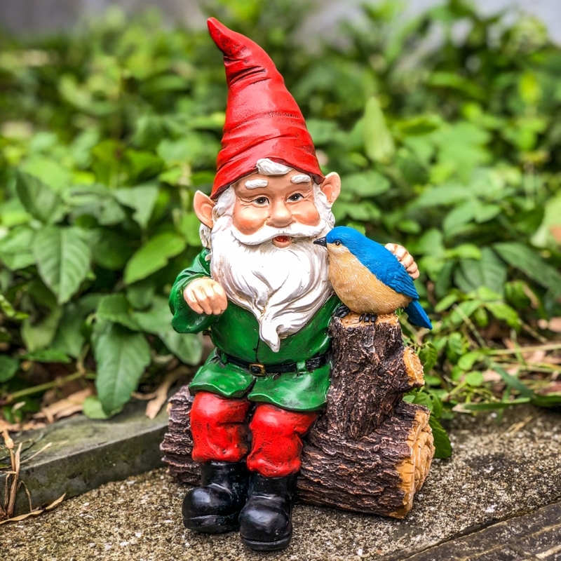 Garden Gnome on Stump Perch with Bird, Traditional Outdoor Lawn Statues
