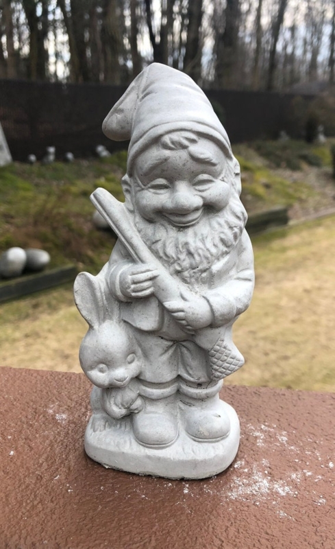 Garden Gnome Statue Holding Rifle, Rustic Concrete Hunting Themed Decor