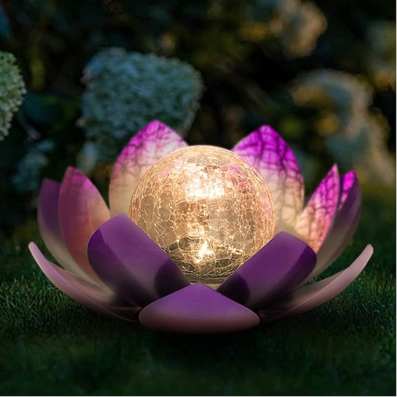 Garden Light Solar Lotus Crackle Glass Globe Purple Metal