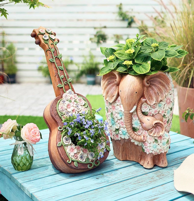 Garden Planter, Guitar Shape, Ornamental Strings, Wood Tone Finish