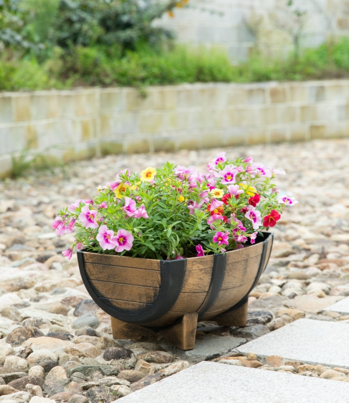 Garden Planter Half Barrel Shape Wood Look Plastic Farmhouse
