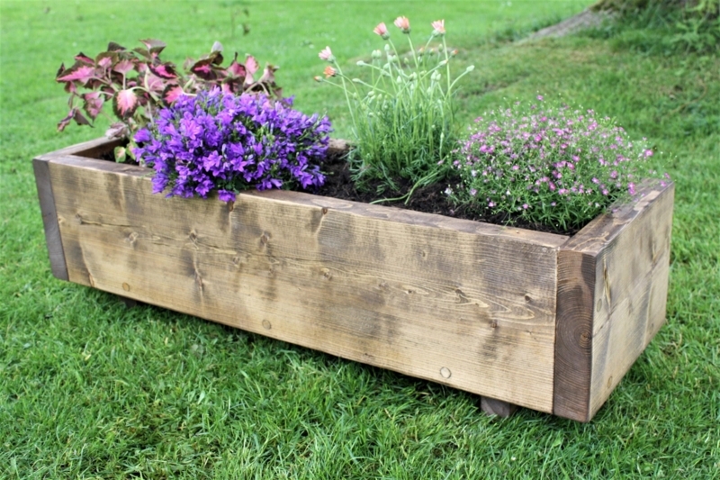 Garden Planter Vertical Slats Rustic Reclaimed Wood Plant Pot Brown