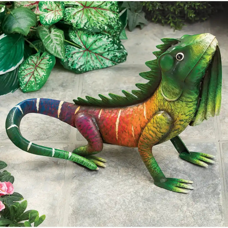 Garden Sculpture Metal Iguana Silhouette Textured Scales