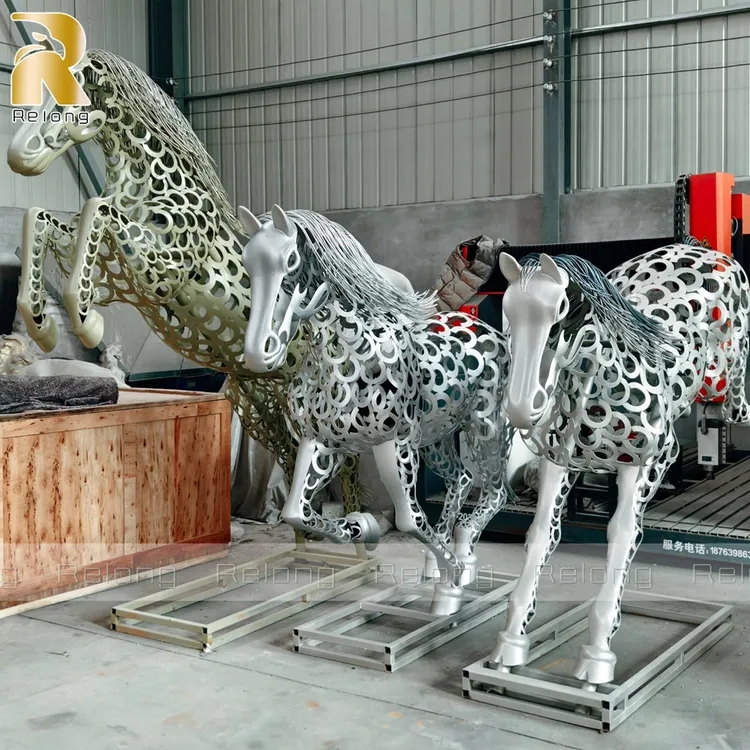 Garden Sculpture Polished Silver Geometric Hollow Cutout Faceted Horse Large