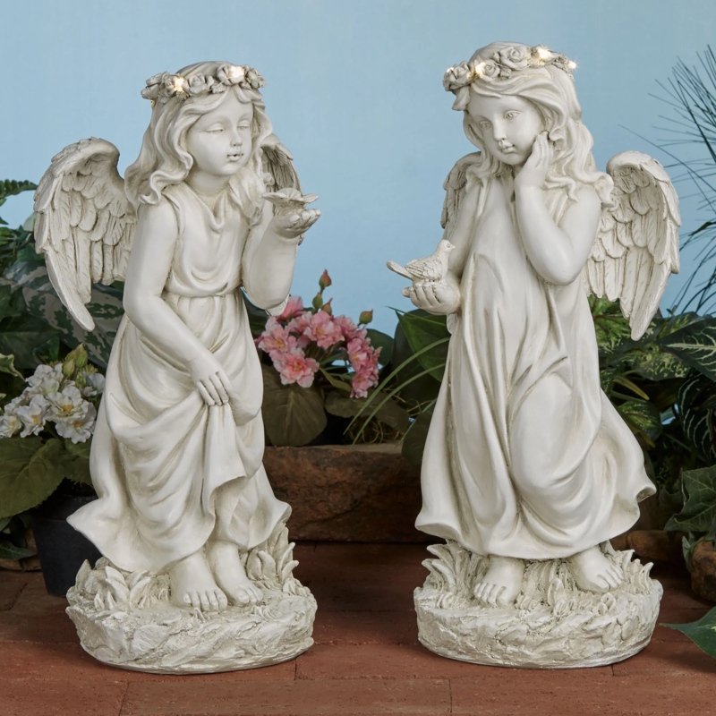 Garden Sculpture Set Ivory Finish Angels Solar Powered LED Light