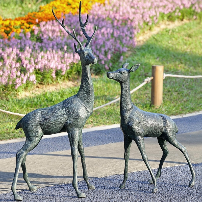 Garden Sculpture Set Life Sized Realistic Animal Silhouette Weathered Bronze