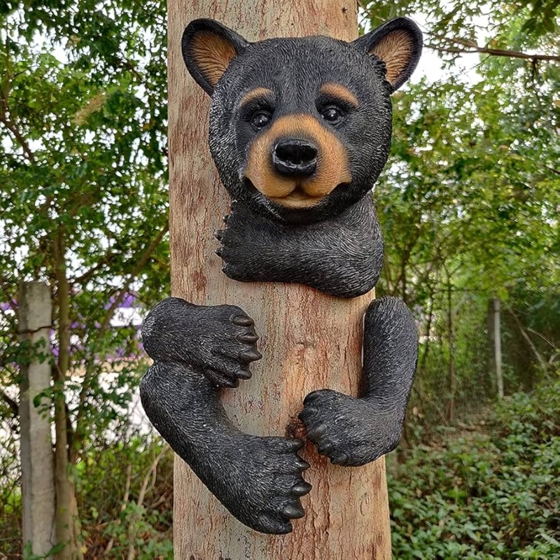 Garden Sculpture, Whimsical Tree Hugger Design, Peeking Cub Pose, Black