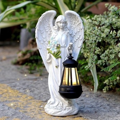 Garden Statue Angel holding Illuminated Cross Solar Powered Decor