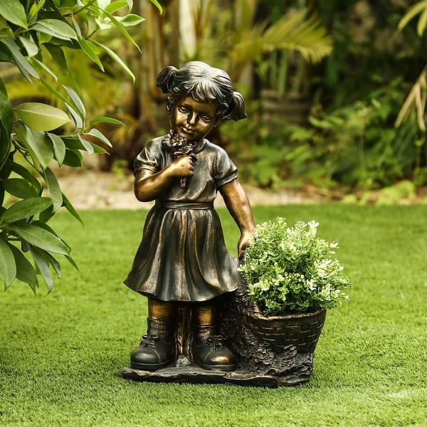 Garden Statue Basket Plant Holder Kneeling Pose Traditional Decor