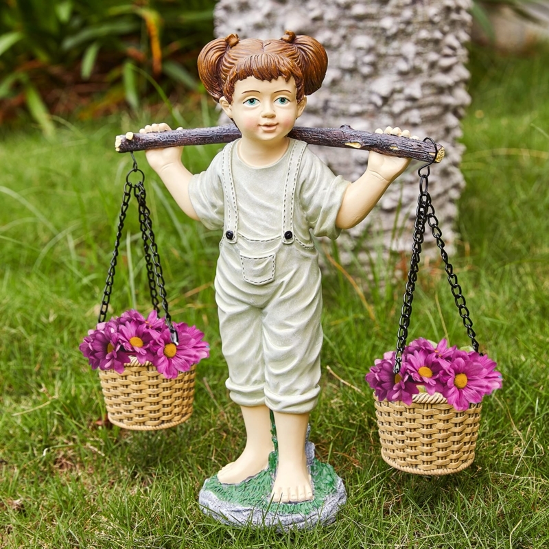 Garden Statue Basket Planter Whimsical Girl Figurine Aged Stone-Look
