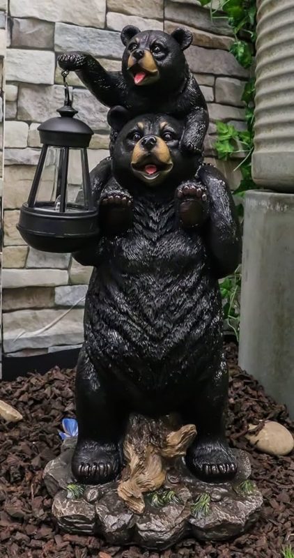 Garden Statue Bear Family with Solar Lantern Woodland Wildlife Decor