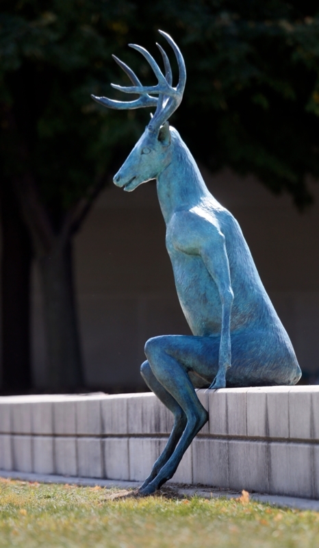 Garden Statue Bronze Deer Form Resting Silhouette Large Antlers Naturalistic Park