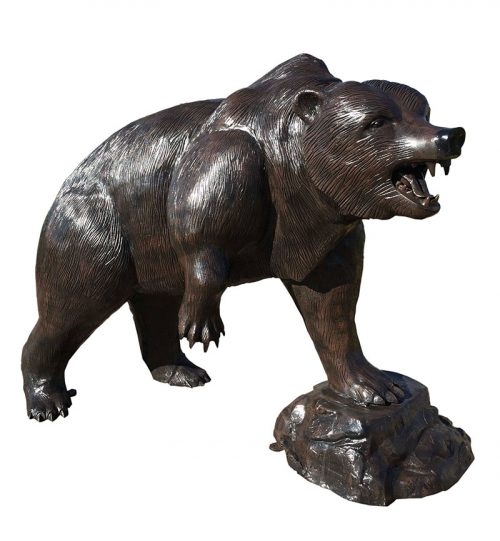 Garden Statue, Bronze Standing Grizzly Pose On Pedestal Base, Antique