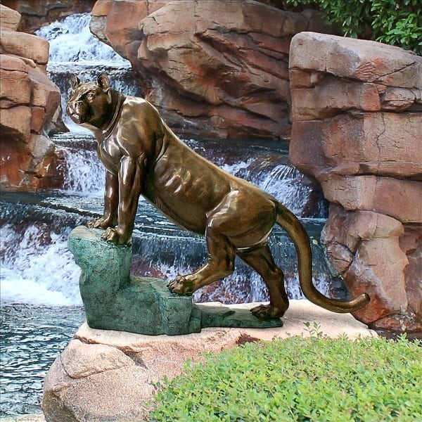 Garden Statue Cast Bronze Finish Cougar Motif Rocky Base